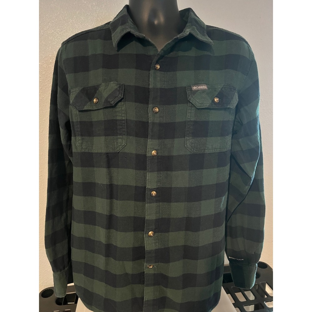 Columbia Flannel Shirt Mens L Green Excellent Buffalo Check Omni-Wick Active Fit